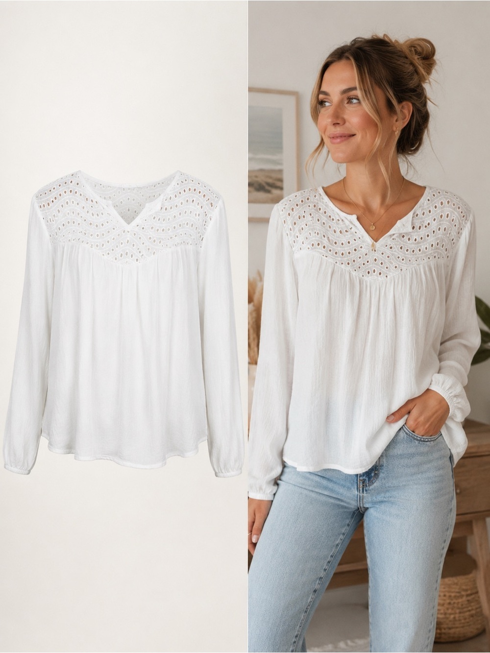 Lascana Venus | White Eyelet Boho Peasant Blouse | Medium